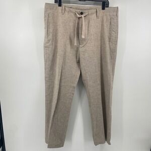 Perry Ellis Linen Cotton Pants Mens 36x29 Tan Drawstring Button Fly